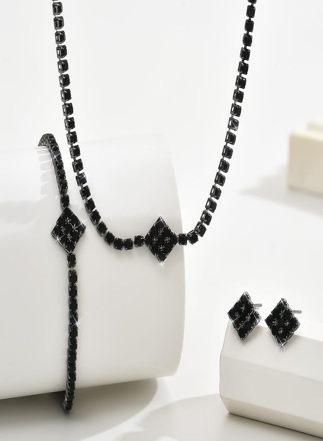 MarveBard Prom Earrings Necklace Bracelet Set for Women Rhinestone Bride Wedding Jewelry Set Sparkle Crystal Square Choker Stud Earring Elegant Bridal Accessories for Weddings Prom Parties (Black) - Image 3