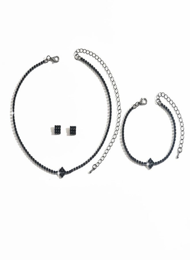 MarveBard Prom Earrings Necklace Bracelet Set for Women Rhinestone Bride Wedding Jewelry Set Sparkle Crystal Square Choker Stud Earring Elegant Bridal Accessories for Weddings Prom Parties (Black) - Image 1