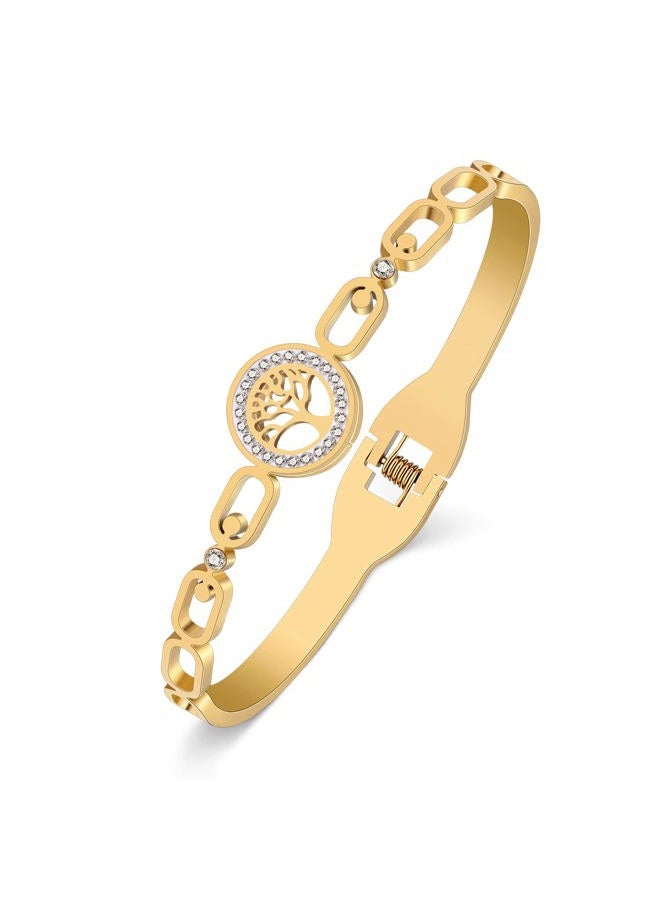 DOWAY Stainless Steel Gold Silver Plated Bangle Bracelets for Women Jewelry Making Birthday Party Gifts (Tree of Life-Gold)  - Image 1