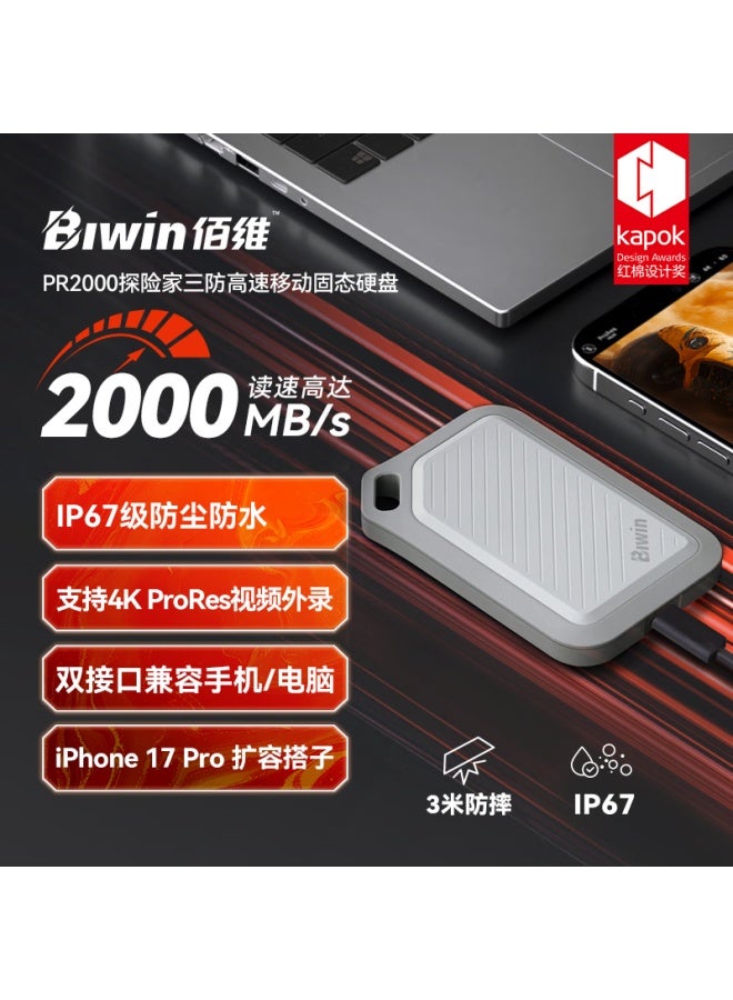 Biwin 512gb Portable Ssd Pr2000 Series Glacier Gray 2000mb/s Read Speed Type-c External Drive For Mobile And Pc