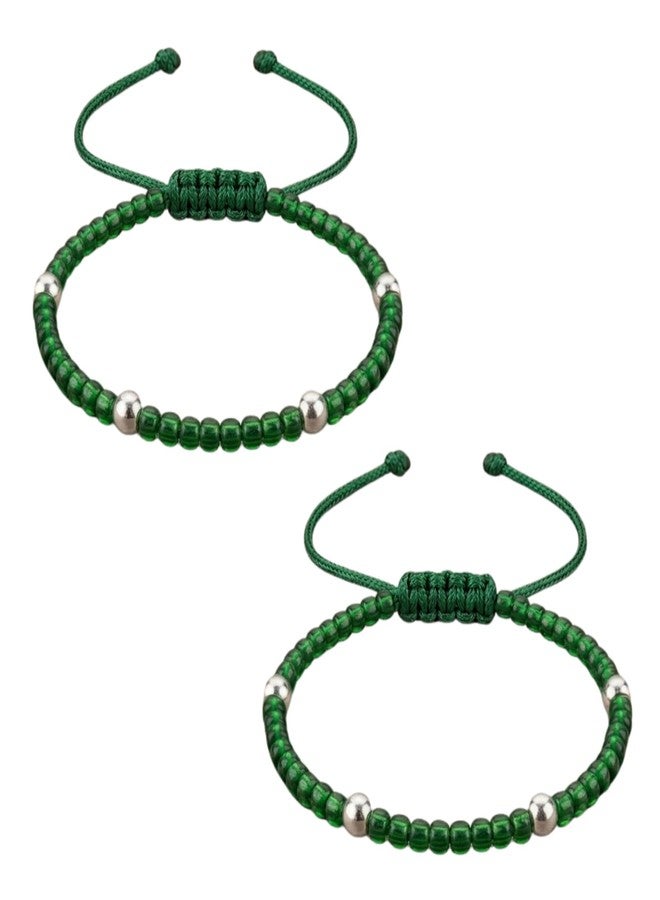 Darshraj® 925 Sterling Silver Baby Bracelet & Anklet Pair for Boys & Girls | Green Crystal Thread Nazariya with 4 Silver Balls | Adjustable Chandi Nazar Protection Jewelry | (9 Inch + 6 Inch) Adjustable - Image 1