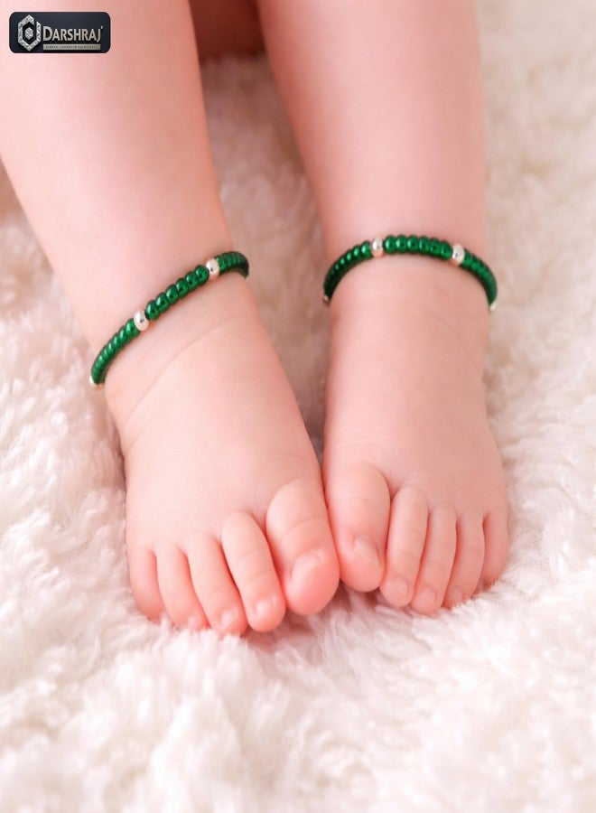 Darshraj® 925 Sterling Silver Baby Bracelet & Anklet Pair for Boys & Girls | Green Crystal Thread Nazariya with 4 Silver Balls | Adjustable Chandi Nazar Protection Jewelry | (9 Inch + 6 Inch) Adjustable - Image 5