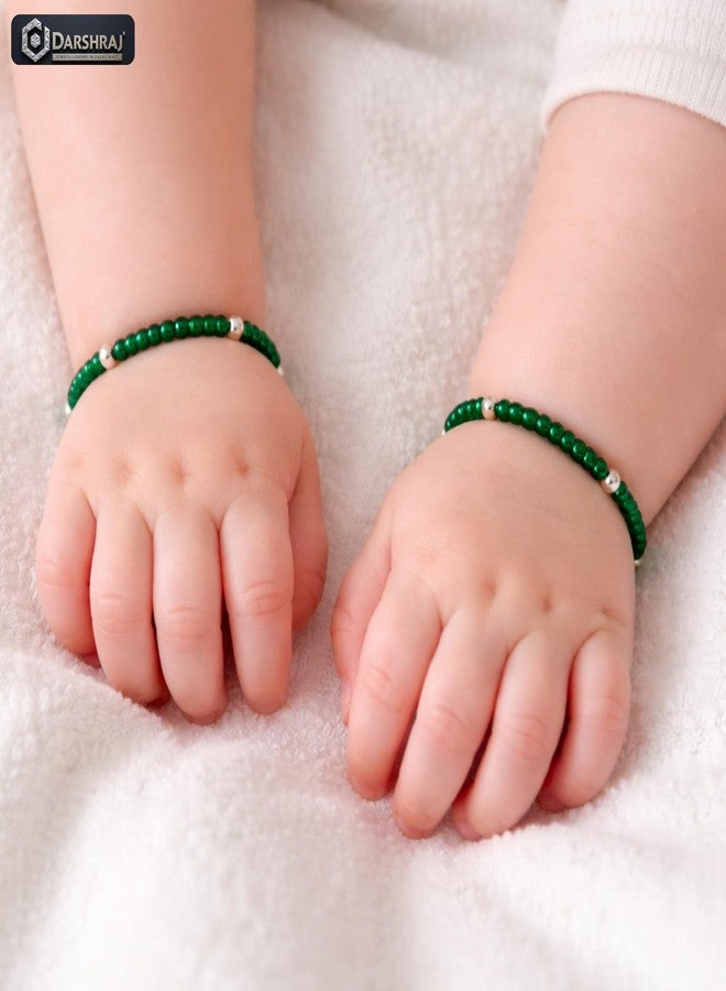 Darshraj® 925 Sterling Silver Baby Bracelet & Anklet Pair for Boys & Girls | Green Crystal Thread Nazariya with 4 Silver Balls | Adjustable Chandi Nazar Protection Jewelry | (9 Inch + 6 Inch) Adjustable - Image 4