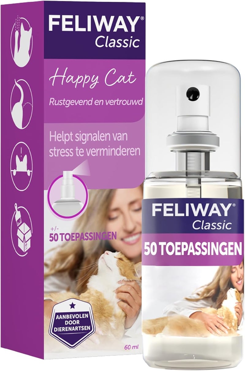 FELIWAY Classic 60ml Spray, comforts cats and helps solve behavioural issues and stress/anxiety in the home and on the move - 60ml - Image 1