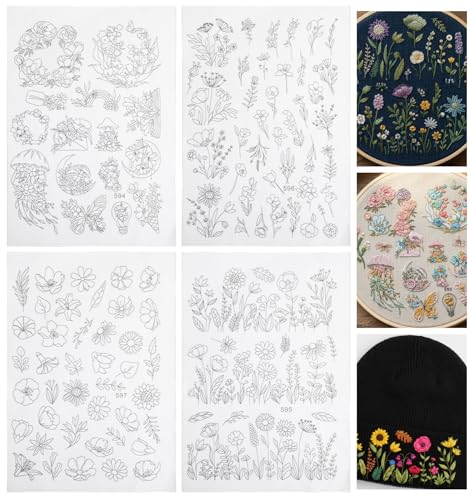Thrymme 105 Pcs Stick and Stitch Embroidery Patterns 4 Sheets Water Soluble Embroidery Patterns Templates Wash Away Stencils Dissolvable Floral Designs Paper for Hand Sewing Perfect for Clothes Easy to Us - Image 1