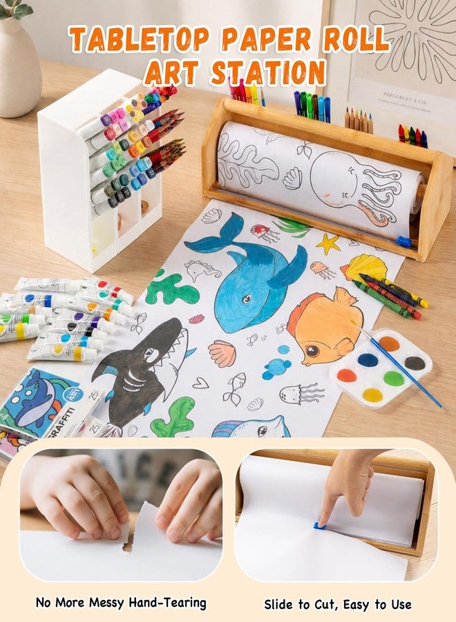 Payarma Wooden Tabletop Paper Roll Dispenser for Kids, Paper Roll Holder with Safe Sliding Cutter, Drawing Scroll and Art Supplies Set for Classroom Preschool - Image 5