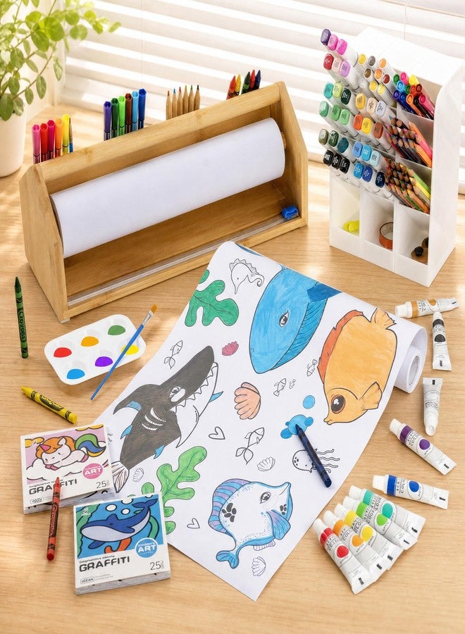 Payarma Wooden Tabletop Paper Roll Dispenser for Kids, Paper Roll Holder with Safe Sliding Cutter, Drawing Scroll and Art Supplies Set for Classroom Preschool - Image 1