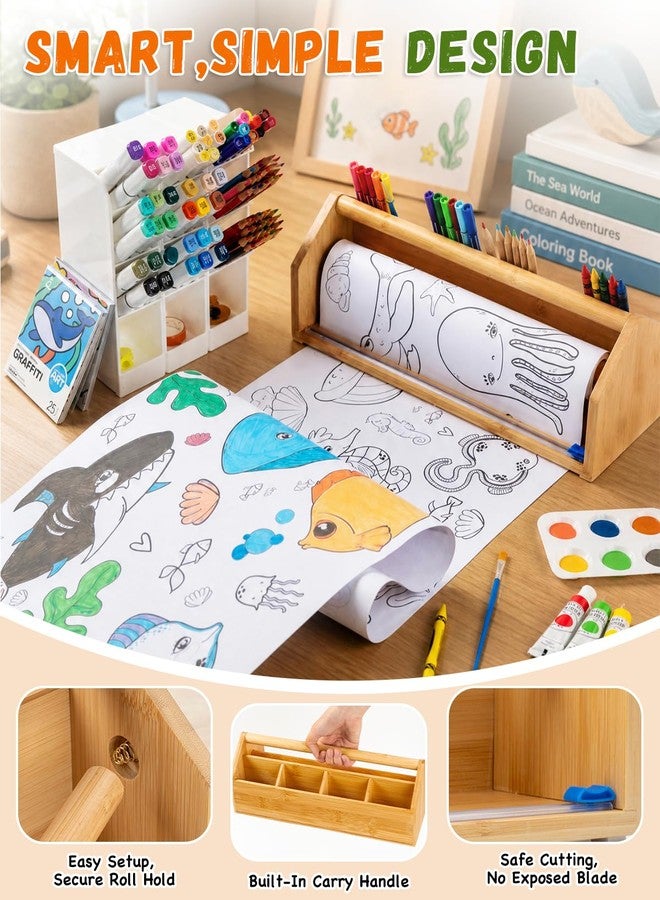 Payarma Wooden Tabletop Paper Roll Dispenser for Kids, Paper Roll Holder with Safe Sliding Cutter, Drawing Scroll and Art Supplies Set for Classroom Preschool - Image 2