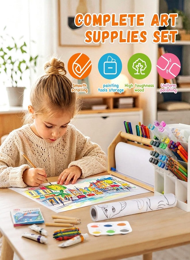 Payarma Wooden Tabletop Paper Roll Dispenser for Kids, Paper Roll Holder with Safe Sliding Cutter, Drawing Scroll and Art Supplies Set for Classroom Preschool - Image 4