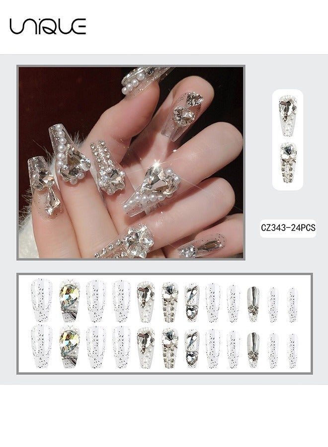 Unique 24Pcs Fake Nails, Press Nails, Mid-length Ballet Manicure - Sparkling Big Diamond Pearl Manicure - Snowflake Diamond Manicure - Fake Nail Patch - Image 2