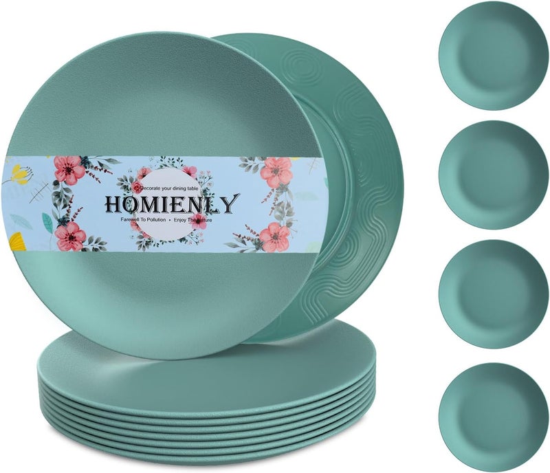 Homienly Flat Dinner Plates Set of 8 Alternative for Plastic Plates Microwave and Dishwasher Safe Wheat Straw Plates for Kitchen Unbreakable Kids PlatesGreen9 inch - Image 1