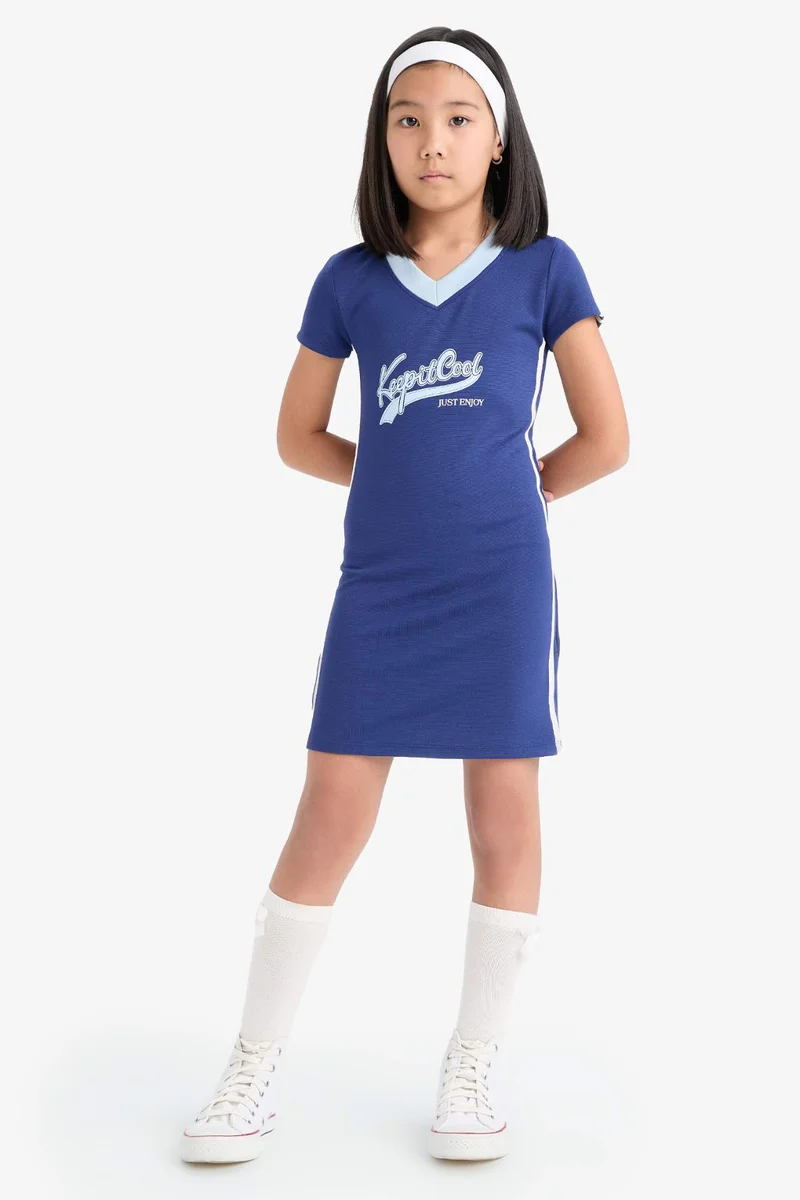 ديفاكتو Girl V-Neck Printed Short Sleeve Dress