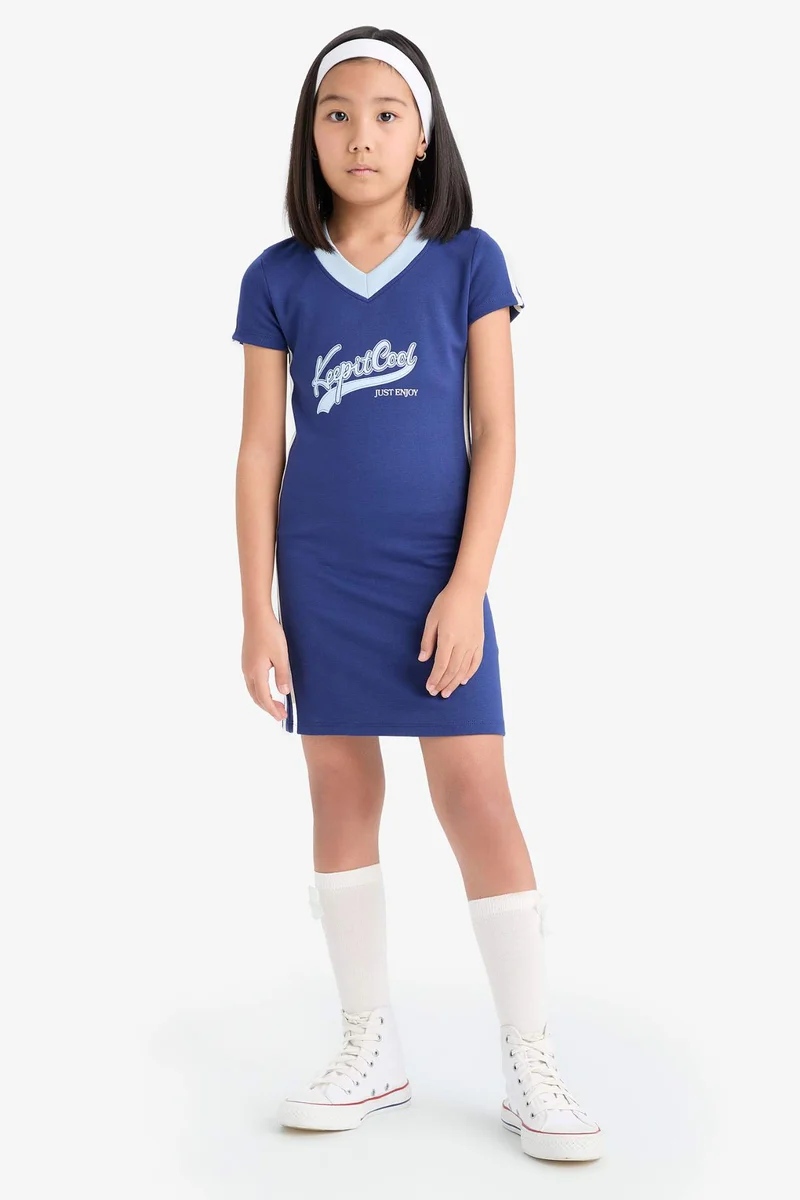 ديفاكتو Girl V-Neck Printed Short Sleeve Dress