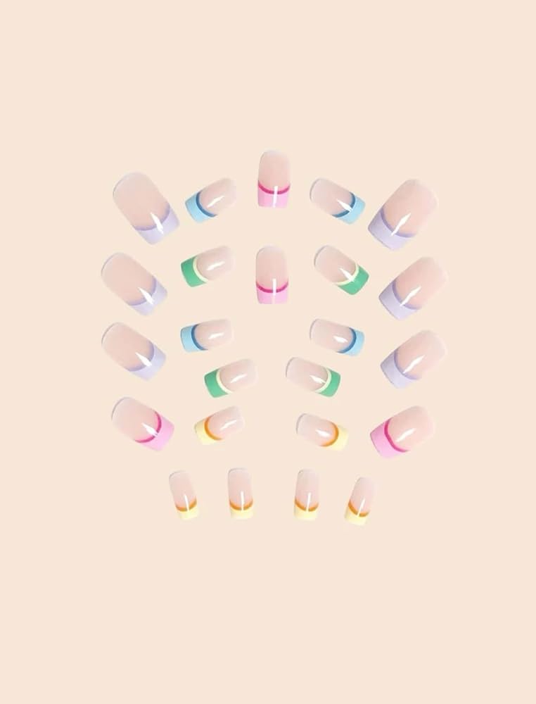 Suerte Press On Nails Multicolor rainbow tips french manicure Square Solid Color Gradient Glossy 24pcs Press On French Nails Medium Natural Manicure nail art trendy, Fake acrylic nails with glue kit - Image 4