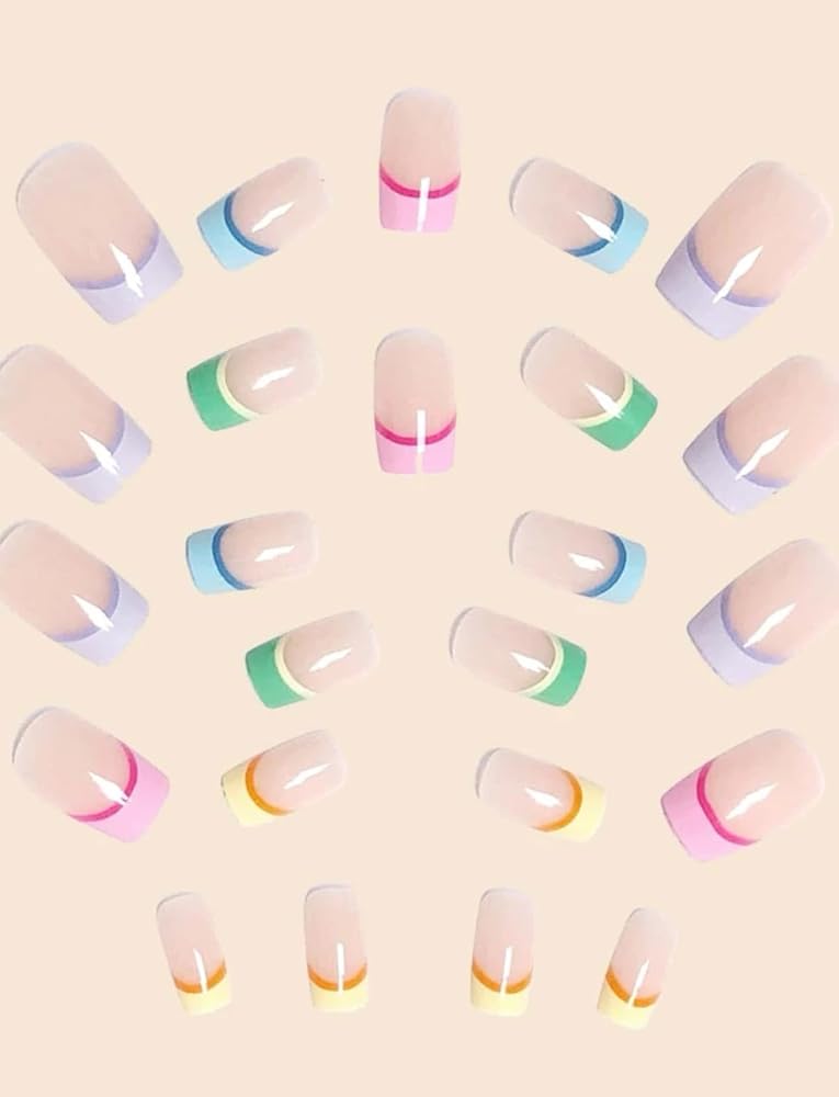 Suerte Press On Nails Multicolor rainbow tips french manicure Square Solid Color Gradient Glossy 24pcs Press On French Nails Medium Natural Manicure nail art trendy, Fake acrylic nails with glue kit - Image 3