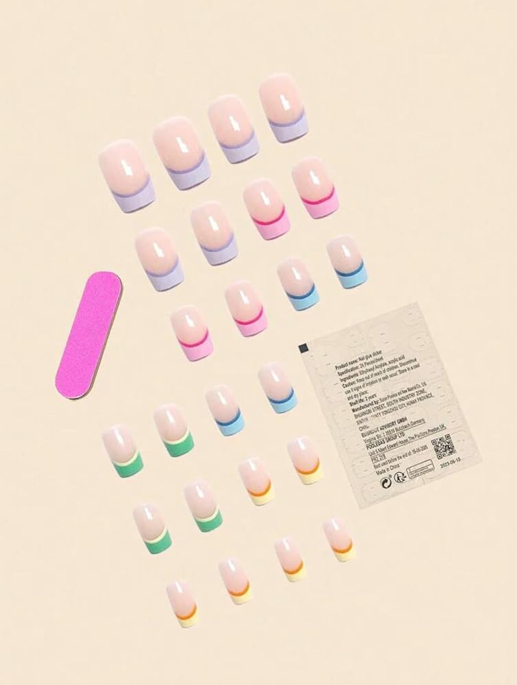Suerte Press On Nails Multicolor rainbow tips french manicure Square Solid Color Gradient Glossy 24pcs Press On French Nails Medium Natural Manicure nail art trendy, Fake acrylic nails with glue kit - Image 2