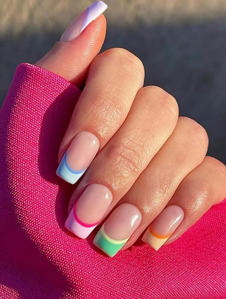 Suerte Press On Nails Multicolor rainbow tips french manicure Square Solid Color Gradient Glossy 24pcs Press On French Nails Medium Natural Manicure nail art trendy, Fake acrylic nails with glue kit - Image 1