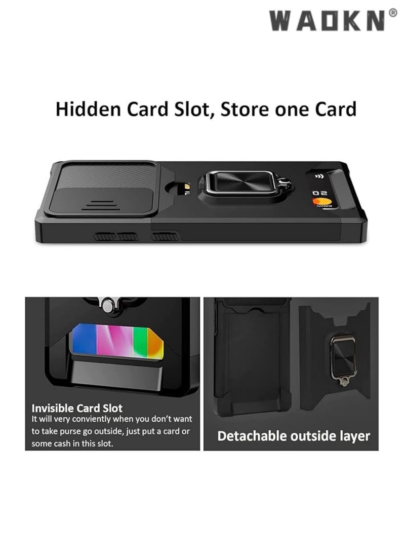 WAOKN iPhone 16 Pro Case with Card Holder, Slide Camera Cover, 360° Rotate Ring Kickstand, Heavy Duty Drop Protection, Shockproof Bumper Cover - Black Rugged Design for Ultimate Phone Security - Image 5
