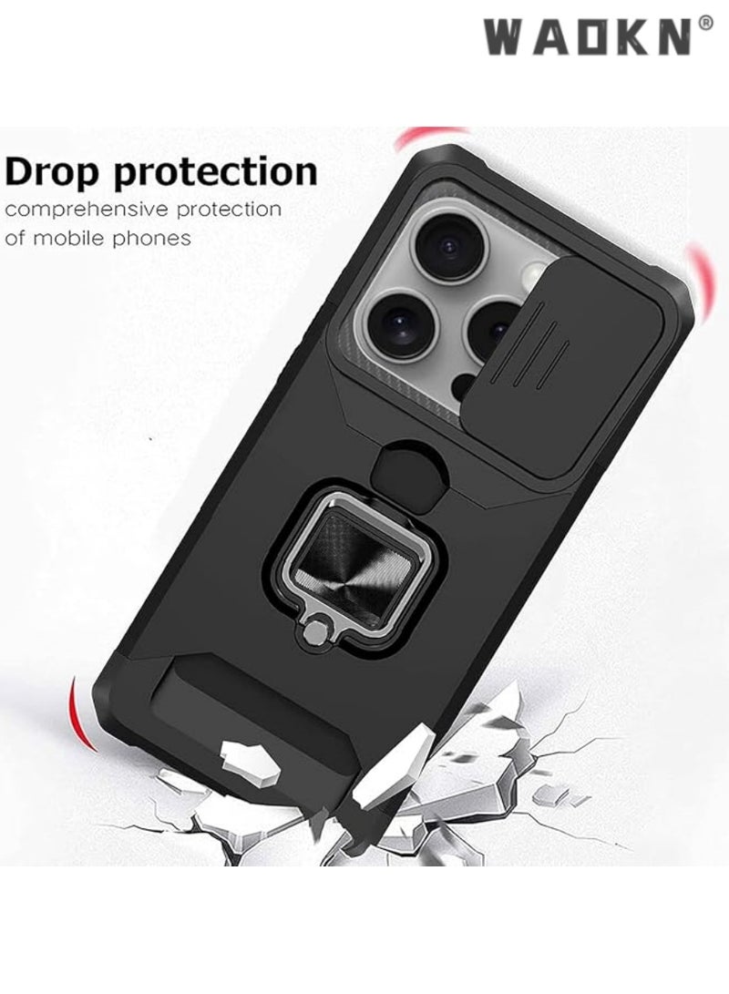 WAOKN iPhone 16 Pro Case with Card Holder, Slide Camera Cover, 360° Rotate Ring Kickstand, Heavy Duty Drop Protection, Shockproof Bumper Cover - Black Rugged Design for Ultimate Phone Security - Image 2