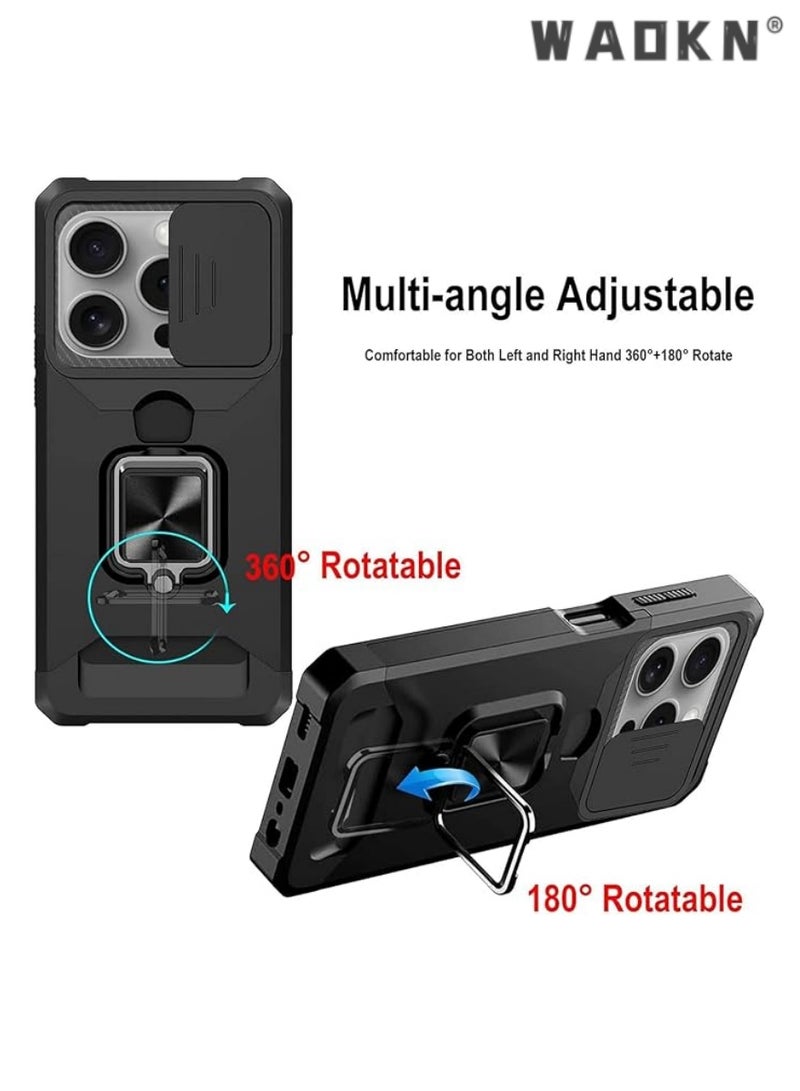 WAOKN iPhone 16 Pro Case with Card Holder, Slide Camera Cover, 360° Rotate Ring Kickstand, Heavy Duty Drop Protection, Shockproof Bumper Cover - Black Rugged Design for Ultimate Phone Security - Image 4