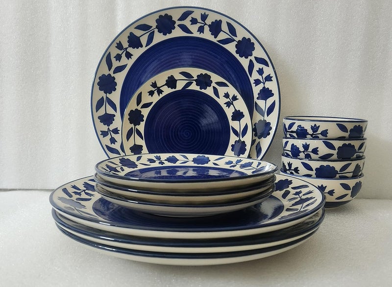 Phezent Handpainted Ceramic Dinnerware Set Dinner Quarter Plates with Dinning Bowls Dishwasher Microwave Safe White Blue 6 Full 6 Side Plates 6 Bowl Ceramic Dinner Set - Image 3