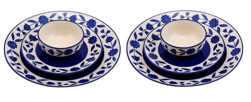 Phezent Handpainted Ceramic Dinnerware Set Dinner Quarter Plates with Dinning Bowls Dishwasher Microwave Safe White Blue 6 Full 6 Side Plates 6 Bowl Ceramic Dinner Set - Image 4