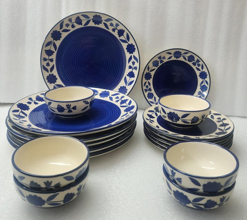 Phezent Handpainted Ceramic Dinnerware Set Dinner Quarter Plates with Dinning Bowls Dishwasher Microwave Safe White Blue 6 Full 6 Side Plates 6 Bowl Ceramic Dinner Set - Image 1