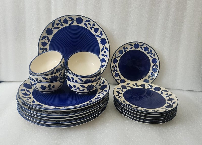 Phezent Handpainted Ceramic Dinnerware Set Dinner Quarter Plates with Dinning Bowls Dishwasher Microwave Safe White Blue 6 Full 6 Side Plates 6 Bowl Ceramic Dinner Set - Image 2