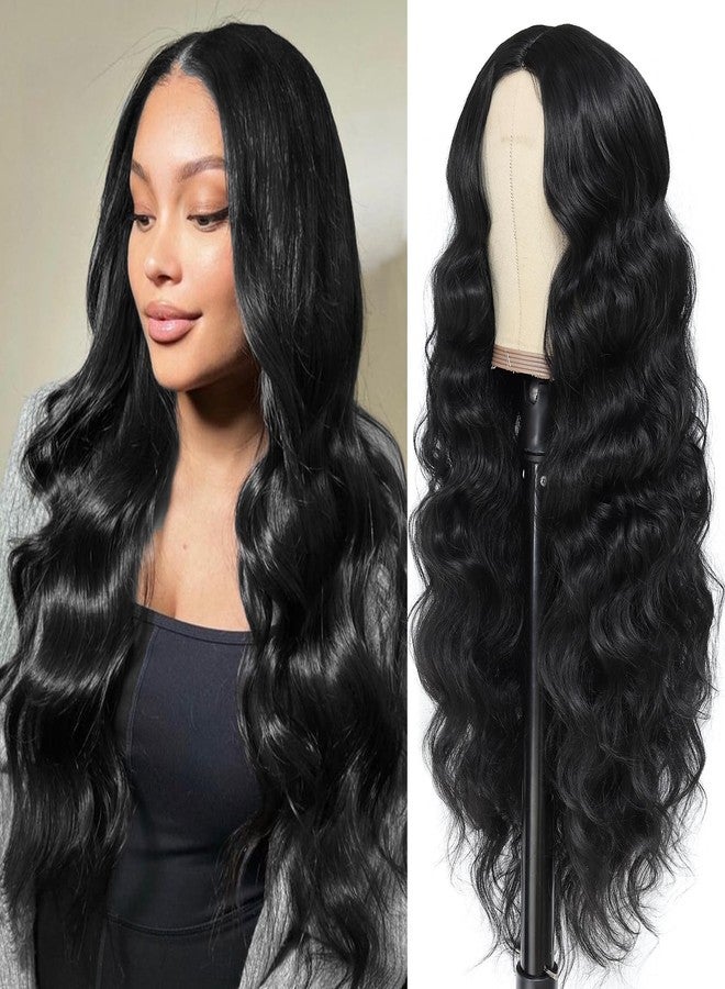 BLUSHIA Black Wig for Women Long Wavy Hair Glueless Matt Synthetic Wigs Middle Part for Daily Party-24 Inch (Pack of 1) - Image 1