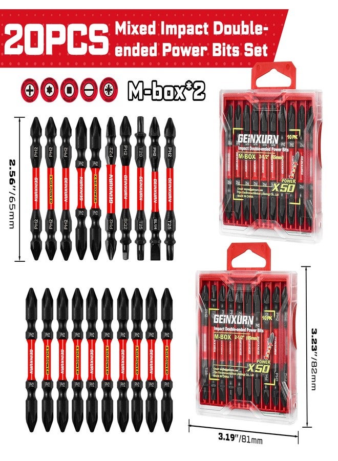Geinxurn 20Pcs Impact Double End Screwdriver Bit Set, 2.56 in. Mixed Reversible Power Driver Bits, Magnetic S2 Steel Two Sides PH2/T20/T25/SQ2/SL1/4 Screwdriver Bit Tips Set with Storage M-Box - Image 2