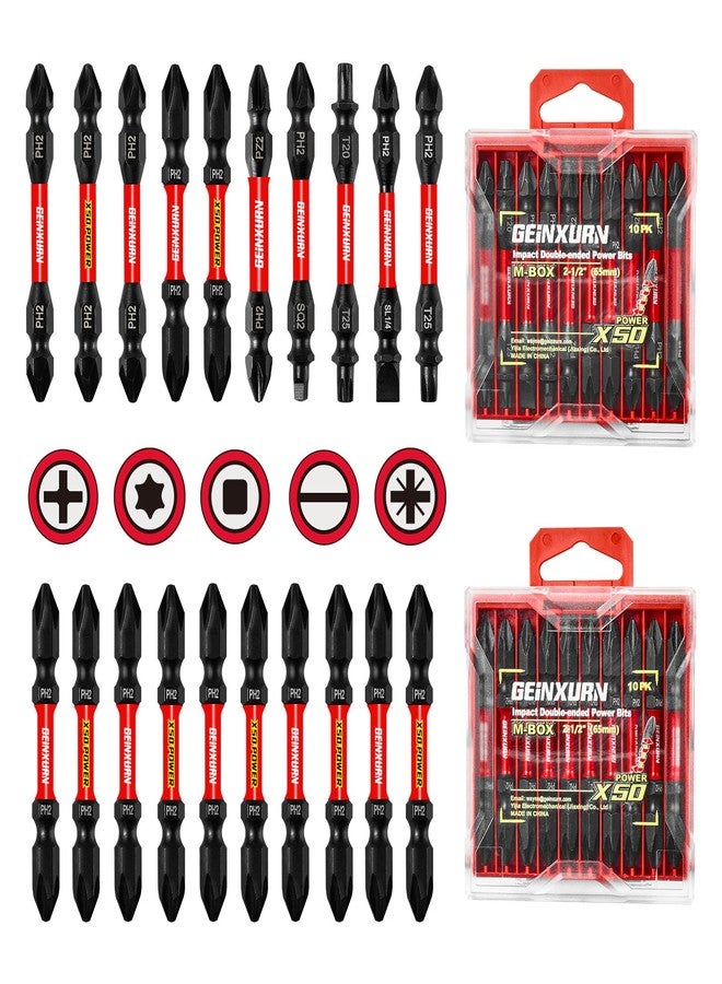 Geinxurn 20Pcs Impact Double End Screwdriver Bit Set, 2.56 in. Mixed Reversible Power Driver Bits, Magnetic S2 Steel Two Sides PH2/T20/T25/SQ2/SL1/4 Screwdriver Bit Tips Set with Storage M-Box - Image 1