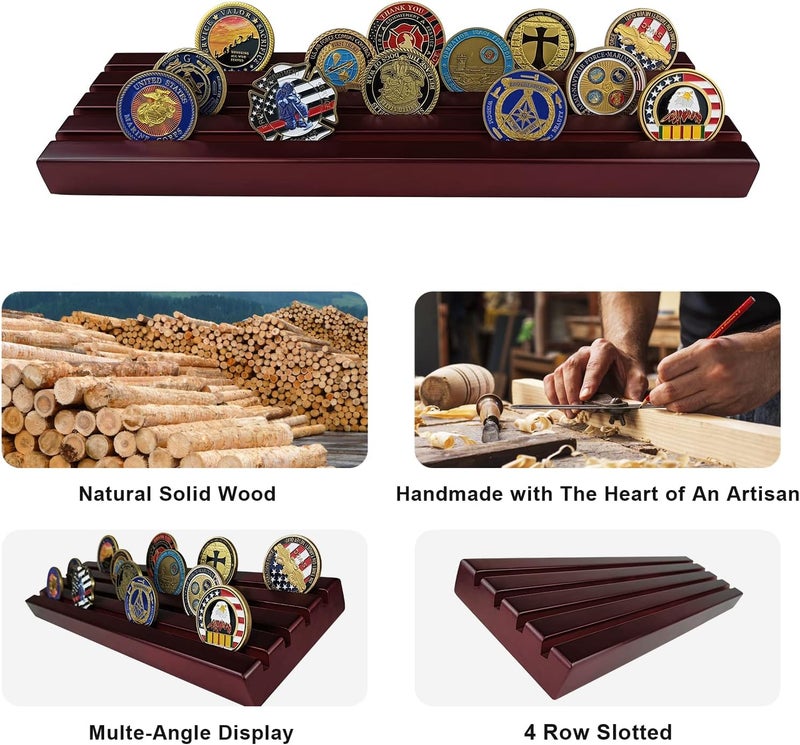 ASmileIndeep Military Challenge Coins Display Holder Solid Wood,Challenge Coin Stand Holds 30 Coins , 4 Row Military Coin Holder Rack for Desk,Challenge Coin Display Case for Collectors, Red - Image 2
