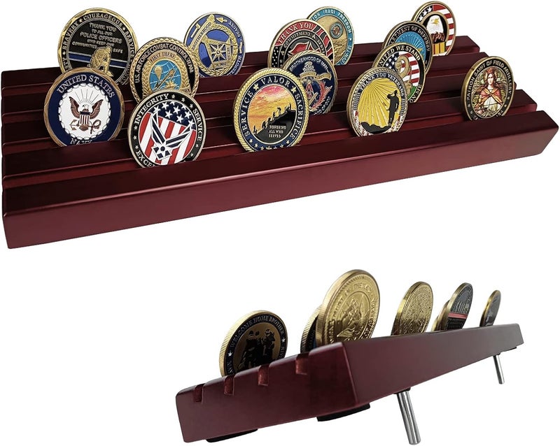 ASmileIndeep Military Challenge Coins Display Holder Solid Wood,Challenge Coin Stand Holds 30 Coins , 4 Row Military Coin Holder Rack for Desk,Challenge Coin Display Case for Collectors, Red - Image 1