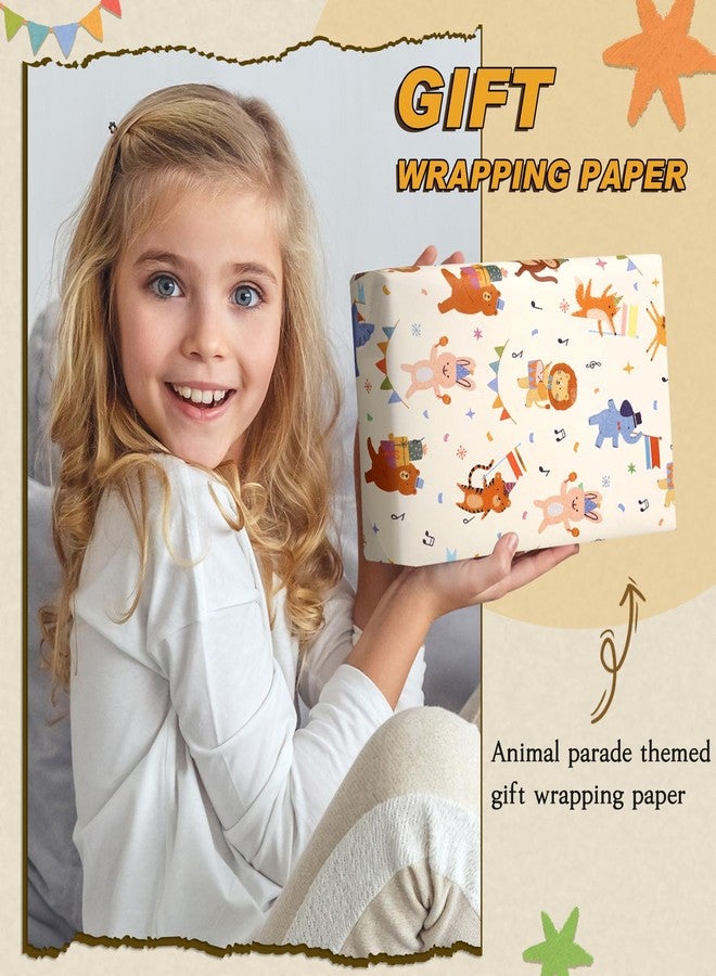 لفة ورق تغليف هدايا للأطفال من بوسون بتصميم موكب الحيوانات - لفة صغيرة - 17 بوصة × 32.8 قدم، ورق تغليف هدايا فاخر بتصميم موكب الحيوانات اللطيفة، مناسب لحفلات أعياد الميلاد وحفلات استقبال المولود الجديد. - Image 5