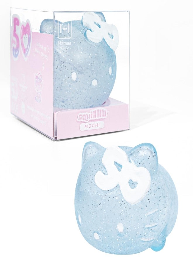 Hamee SquiSHU Sanrio Hello Kitty 50th Anniversary - New Special Limited Edition Squishy [Pull Stretchy Dough Fidget Sensory Toy] [Soft Squeeze Ball] Relaxing Fun Gift for Kids, Adults - Blue Glitter - Image 1