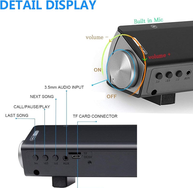 TOPROAD Sound Bar | Soundbar Wired and Wireless Bluetooth 5.0 Speaker | Built in Mic | for Cell Phone/Tablet/Projector and Support TV with AUX/RCA Output - Image 4