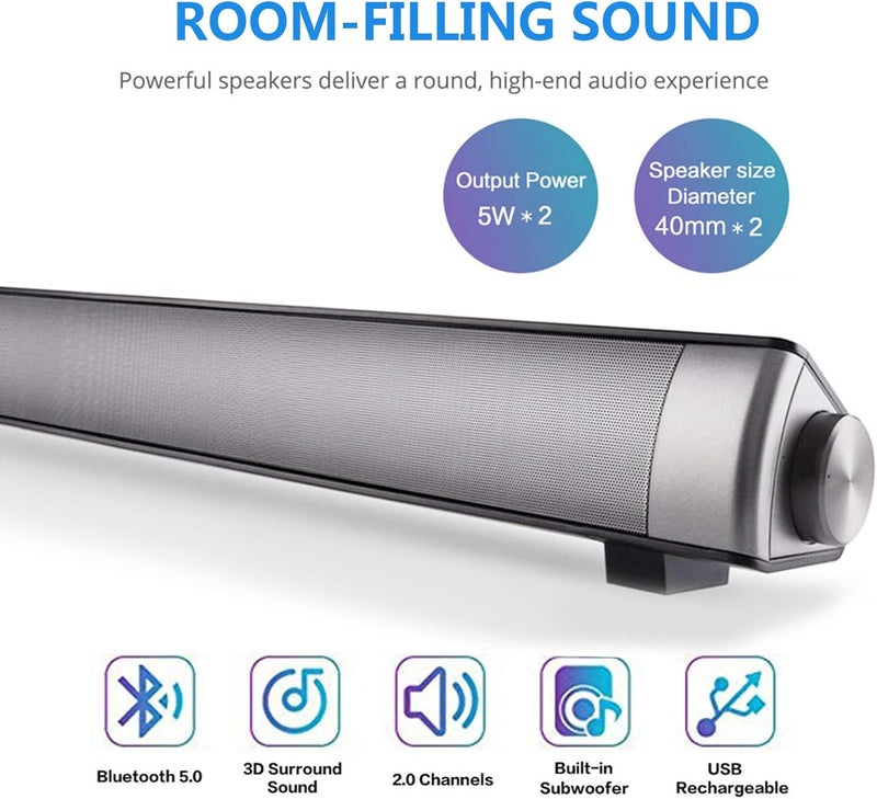 TOPROAD Sound Bar | Soundbar Wired and Wireless Bluetooth 5.0 Speaker | Built in Mic | for Cell Phone/Tablet/Projector and Support TV with AUX/RCA Output - Image 2