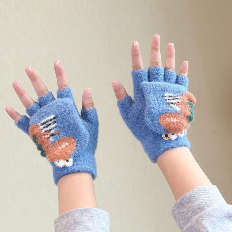 Newfancy Kids Boys Girls Dinosaur Flip Top Gloves with Mitten Cover Knitted Winter Fingerless Toddler Convertible Mittens - Image 2
