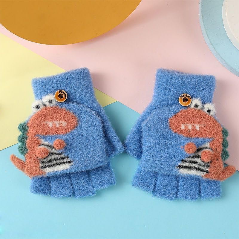 Newfancy Kids Boys Girls Dinosaur Flip Top Gloves with Mitten Cover Knitted Winter Fingerless Toddler Convertible Mittens - Image 4
