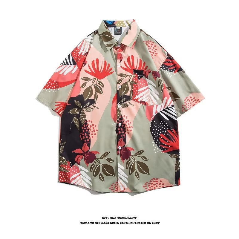 Short-Sleeved Shirt Hawaiian Retro Pu Shuai Hong Kong Style Japanese Style Trendy Loose Casual Beach Holiday Style Couple'S Top - Image 1