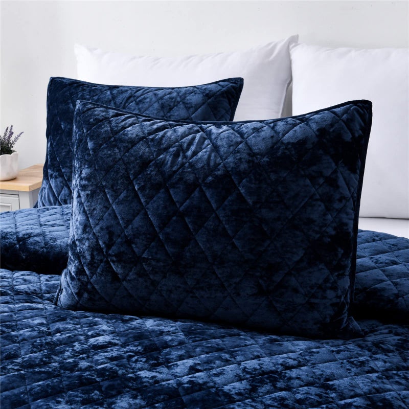 Fredsure Distressed Velvet Quilt Set, 3 Pieces Navy Queen, Distressed Velvet Face and Brushed Microfiber Reverse with Diamond Quilting - Image 3