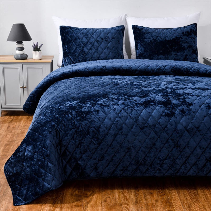 Fredsure Distressed Velvet Quilt Set, 3 Pieces Navy Queen, Distressed Velvet Face and Brushed Microfiber Reverse with Diamond Quilting - Image 2