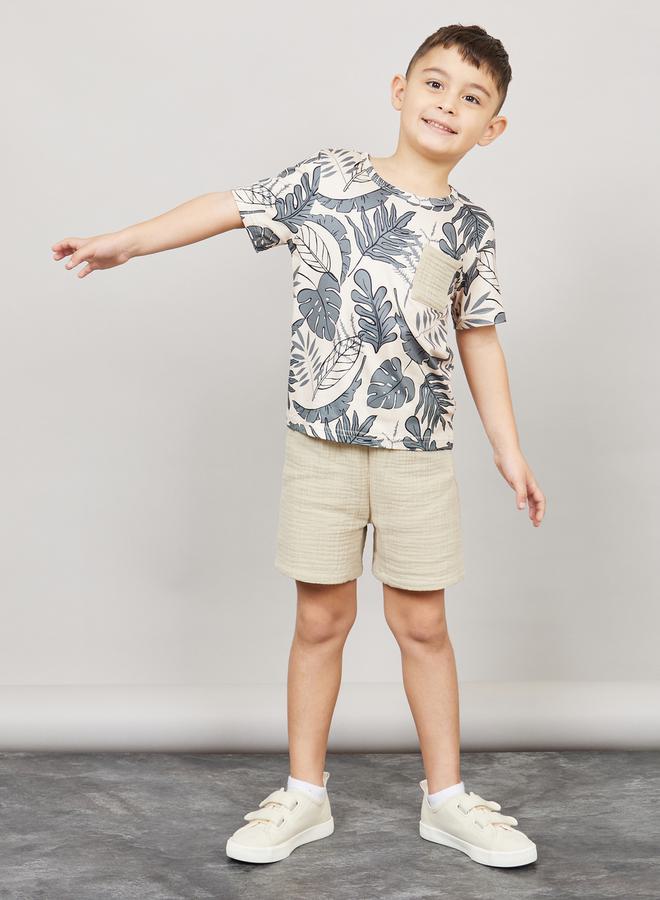 Styli Tropical Print T-Shirt with Short Sleeves & Textured Shorts Set  - Image 1