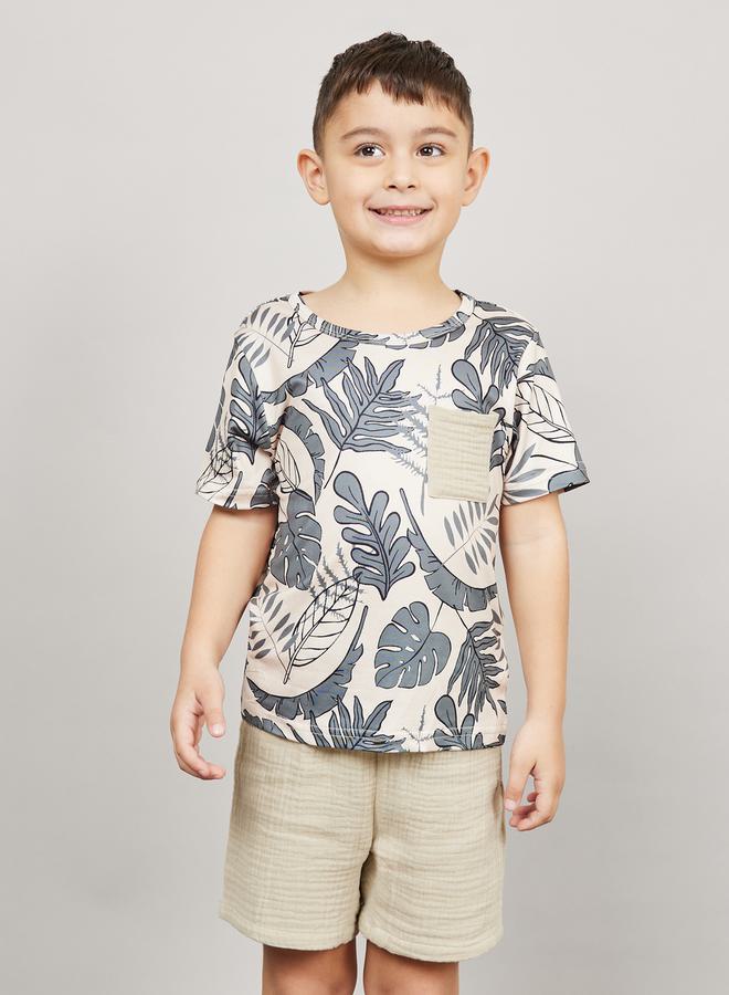 Styli Tropical Print T-Shirt with Short Sleeves & Textured Shorts Set  - Image 2