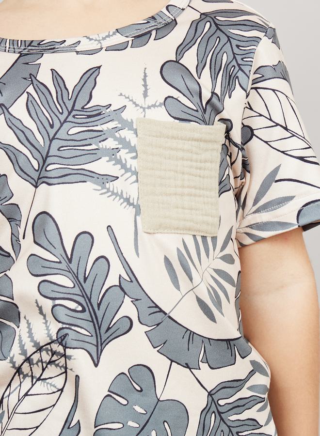 Styli Tropical Print T-Shirt with Short Sleeves & Textured Shorts Set  - Image 3