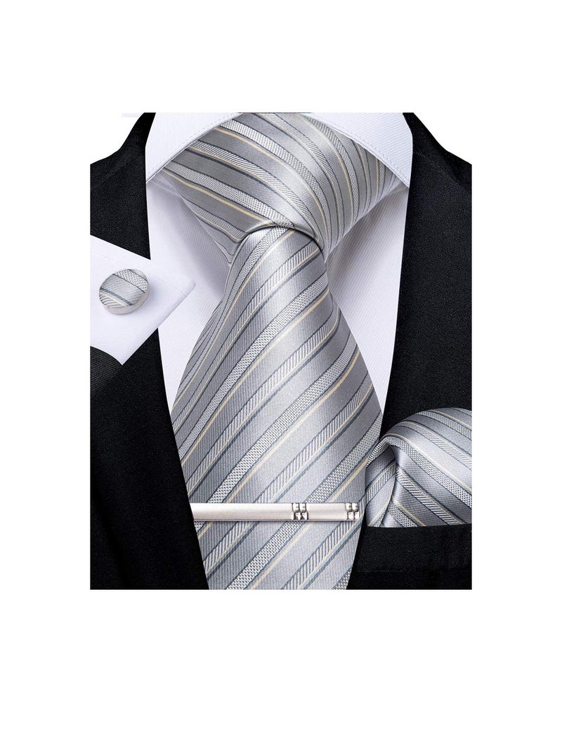 DiBanGu Mens Striped Tie Silk Woven Necktie and Pocket Square Cufflinks Tie Clip Set Wedding Business Formal, Silver Grey - Image 1