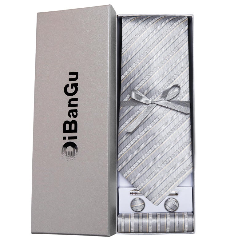 DiBanGu Mens Striped Tie Silk Woven Necktie and Pocket Square Cufflinks Tie Clip Set Wedding Business Formal, Silver Grey - Image 4