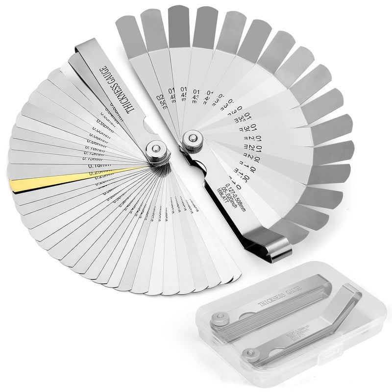 Pylevemv 2Pcs High-Precision Feeler Gauge Set 32-Blade Straight and 16-Blade Offset Filler Gauge, Dual Marked SAE & Metric Feeler Gauges for Valves, Spark Plug, Engine, Guitar Setup - Image 1