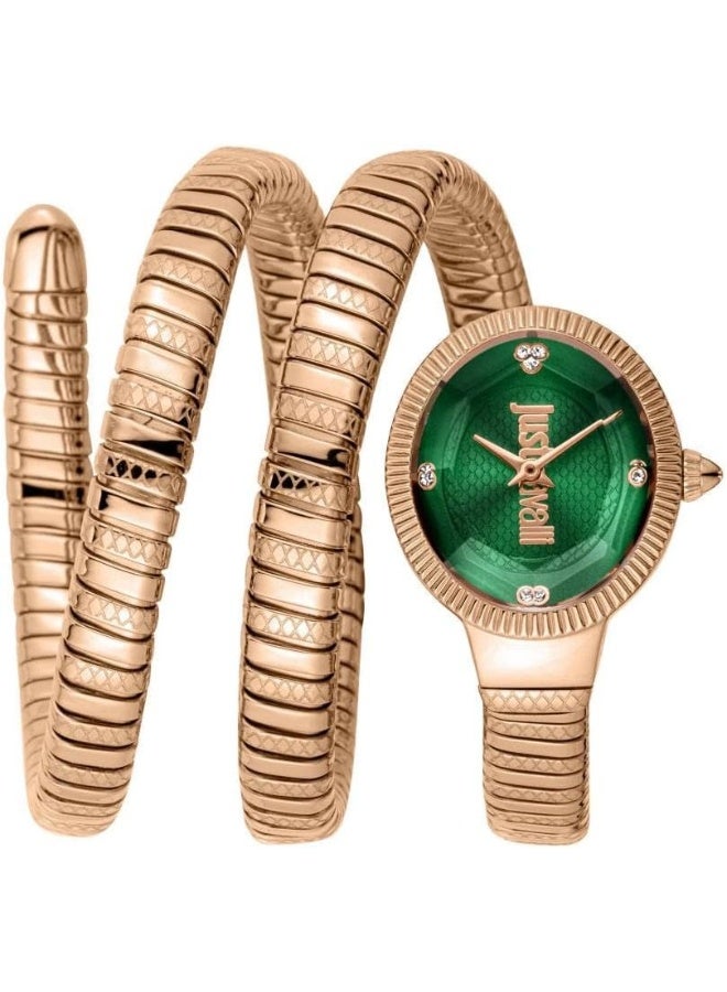 Just Cavalli ساعة JUST CAVALLI للنساء، علبة باللون الوردي الذهبي، واجهة باللون الأخضر الداكن، سوار معدني باللون الوردي الذهبي، 2 عقارب، 3 ATM