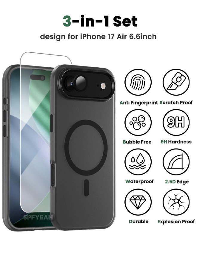 اس بي اف يا. [3 في 1] جراب iPhone 17 Air مع واقي شاشة من الزجاج المقوى عالي الدقة وواقي عدسة الكاميرا، متوافق مع MagSafe، مقاوم للصدمات ومضاد للسقوط والانزلاق، جراب صلب رفيع صديق للبشرة لهاتف iPhone 17 Air مقاس 6.5 بوصة، أسود شفاف - Image 2